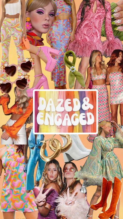 #dazedandengaged #70soutfitinspo #retrostyle #groovymoodboard #bachelorettethemes #bacheloretteoutfits Bachelorette Night Out Outfit Themes, 70s Theme Outfit, Disco Birthday Theme, Groovy And Boozy, Bachelorette Theme Nights, Bach Party Themes, Bachelorette Outfit Themes, Hippies And Cowboys, Hen Night Ideas