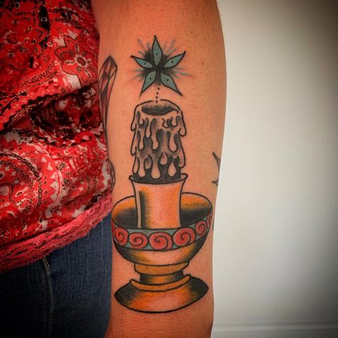 Tattoo done at Golden Stag Tattoo in Kansas City. Daniel Higgs, Stag Tattoo, Best Cover Up Tattoos, Candle Tattoo, City Tattoo, Up Tattoo, Tattoo Cover-up, Cover Up Tattoo, Cover Up Tattoos