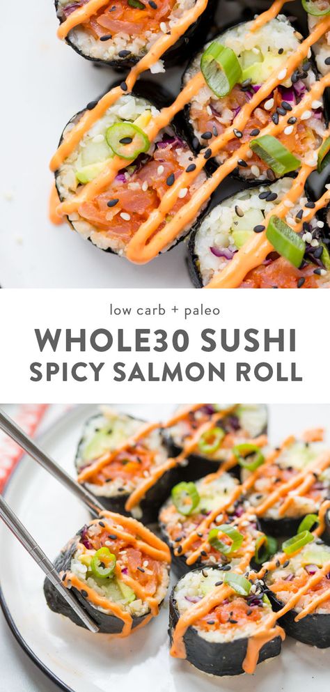 This Whole30 sushi spicy salmon roll is as legit as it gets but with none of the grains or sugar! Made with seasoned cauliflower rice, this Whole30 sushi spicy salmon roll uses easy-to-find smoked salmon, lots of veggies, and is low carb and keto friendly. #sushi #lowcarb Spicy Salmon Sushi Roll Recipes, Spicy Salmon Roll Sushi, Spicy Salmon Recipes Sushi, Whole 30 Smoked Salmon Recipes, Spicy Sushi Rolls, Sushi With Smoked Salmon, Smoked Salmon Sushi Recipes, How To Eat Smoked Salmon, Cooked Salmon Sushi