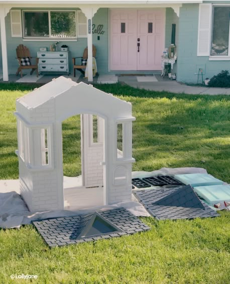 Furniture For Kids Playhouse, Fisher Price House Makeover, How To Paint A Plastic Playhouse, Painting A Plastic Playhouse, Painted Little Tikes Playhouse, Paint Little Tikes Playhouse, Diy Plastic Playhouse Makeover, Cape Cottage Playhouse Makeover, Painted Plastic Playhouse