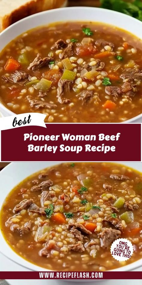 Enjoy the robust flavors of Pioneer Woman Beef Barley Soup! This nourishing recipe blends tender beef, hearty barley, and seasonal vegetables for a delightful and filling soup. Perfect for family meals or chilly nights, it’s a comforting dish that brings everyone together. Experience the joy of homemade soup! Hamburger Soup With Barley Recipe, Soup Recipes Beef Barley, Barley Soup Recipe Beef, Vegetable Beef And Barley Soup Instant Pot, Hamburger Beef Barley Soup Recipes, Beef Barley Soup With Potatoes, Healthy Beef Barley Soup, Beef Farro Soup Recipes, Beef And Barley Vegetable Soup