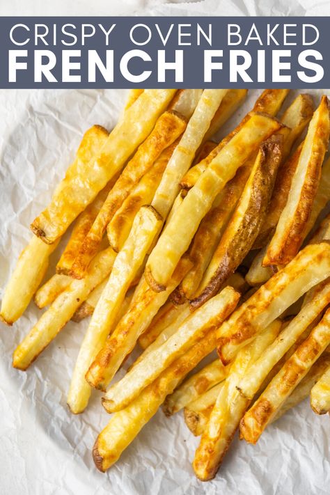 Make Crispy Baked French Fries in the oven with this simple and delicious recipe! Just chop, soak, season, and bake your fries to make a healthier alternative to french fries at home. French Fries In The Oven, Crispy Baked French Fries, Oven French Fries, Oven Baked French Fries, French Fries At Home, Baked French Fries, Fries At Home, Whole30 Lunch, Making French Fries