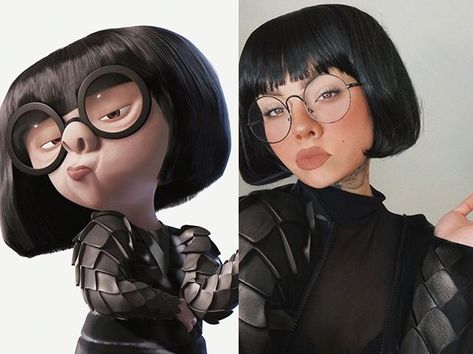 Edna Mode cosplay by @ddblueberry #EdnaMode #EdnaModecosplay #TheIncredibles2 #cosplaygirl #cosplay #cosplayer #sidebysidecosplay #sidebyside #amazingcosplay Characters With Bangs, Black Hair Halloween Costumes, Halloweenský Makeup, Short Black Hair, Halloween Coustumes, Trendy Halloween Costumes, Halloween Costume Outfits, Halloween Costumes Makeup, Short Black Hairstyles