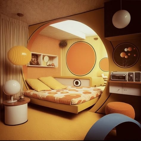 Aesthetic Vocabulary, Space Age Interior, 70s Room, Retro Rooms, Orange Room, Googie Architecture, 70s Interior, Retro Interior Design, 70s Home