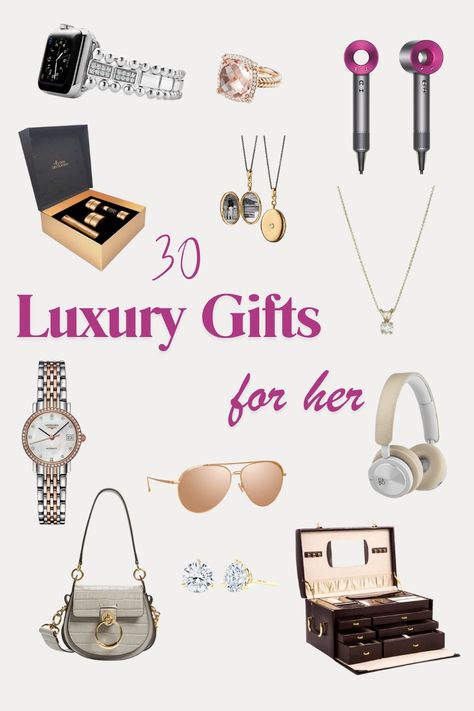 The image features a Diamond Band for Apple Watch, Diamond Pendant, Linda Farrow Aviator Sunglasses, Croc Leather Jewelry Chest, Bang & Olufsen Luxury Headphones, Chatelaine Pavé Bezel Ring, L’Elixir Des Glaciers gift set, Dyson Hairdryer, Longines Diamond Watch, Croc Embossed Bag by Chloé, Diamond Locket by Monica Kosann, and Bon Levy Diamond Stud Earrings. Expensive Gifts For Women Luxury, Expensive Gifts For Women, Expensive Christmas Gifts, Expensive Christmas Gift, Extravagant Gifts, Fancy Gift Ideas, Luxury Gifts For Women, Go Big Or Go Home, Luxury Gifts For Her