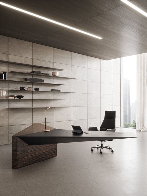 Euclideo - I 4 Mariani srl Ceo Office Design, Modern Office Furniture Design, Modern Office Table, Ceo Office, L Shaped Executive Desk, Office Table Design, Office Design Inspiration, Office Interior Design Modern, Modern Office Desk