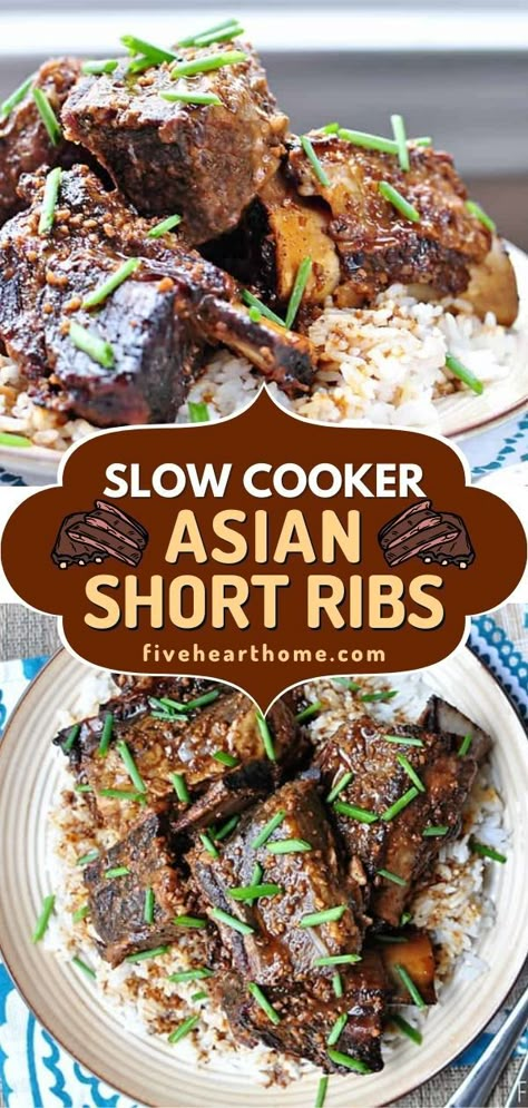 There's nothing like coming home to this savory crockpot meal! It only takes 5 minutes to throw together this easy slow cooker recipe. Fall-off-the-bone tender and deliciously succulent, this Asian Short Ribs is amazing! Slow Cooker Asian Beef, Beef Ribs Crockpot, Beef Ribs Slow Cooker, Crockpot Asian Recipes, Short Ribs Crock Pot, Short Rib Recipes Crockpot, Asian Ribs Recipe, Crock Pot Meal Prep, Asian Short Ribs