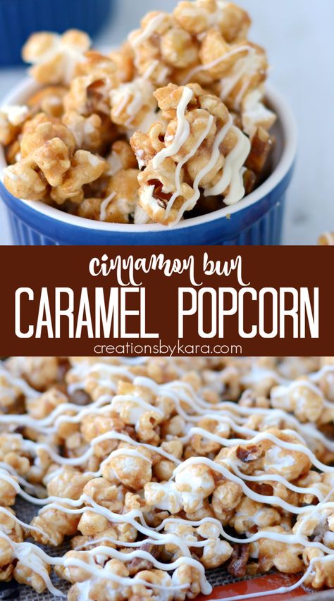 Irresistible Cinnamon Roll Caramel Popcorn recipe - no one can resist this sweet and crunchy popcorn! Cinnamon and white chocolate make this the perfect holiday caramel corn recipe. #caramelcorn #gourmetpopcorn #cinnamonrollpopcorn #cinnamonbunpopcorn #sweetpopcorn #caramelpopcorn Caramel Chocolate Popcorn, Cinnamon Roll Popcorn, Carmel Popcorn Recipe, Homemade Popcorn Flavors, Caramel Popcorn Balls Recipe, Holiday Popcorn Recipes, Flavoured Popcorn, Gourmet Popcorn Recipes, Food Art Ideas