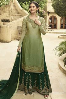 Picture of Green Colored Party Wear Embroidery Palazzo Suit (Unstitched suit) Light Green Outfits For Women, Green Suits Women Indian, Green Sharara, Designer Sharara Suits, Latest Salwar Kameez, Green Lehenga, Palazzo Suit, Sharara Suit, Salwar Kameez Online