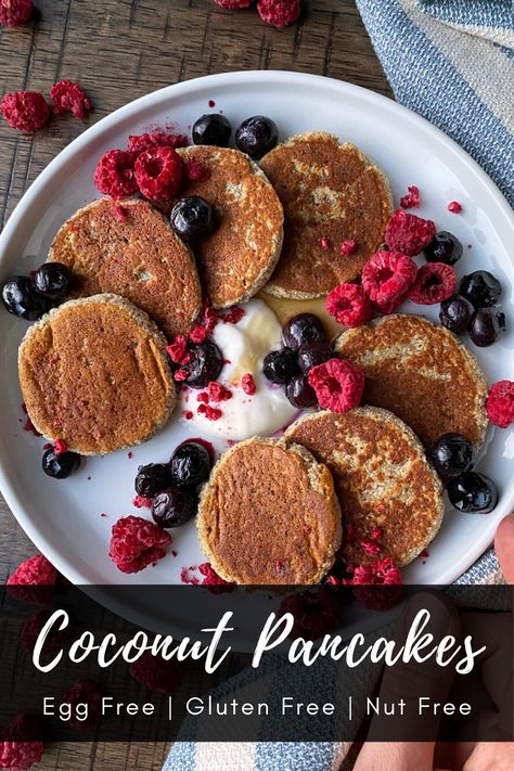 These miniature coconut pancakes are a delicious egg free Paleo breakfast option.  This recipe is low carb, Paleo, plant based, dairy free, and naturally gluten free since it's made with coconut flour!  Truly, no better way to enjoy breakfast than with these moist Egg Free Coconut Pancakes. #pancakerecipe #breakfastideas #glutenfree #nutfree #vegan Egg Free Paleo Breakfast, Paleo Pancakes Coconut Flour, Easy Paleo Pancakes, Egg Free Paleo, Coconut Flour Pancakes Recipe, Egg Free Pancakes, Breakfast Paleo, Egg Free Breakfast, Vegan Paleo Recipes