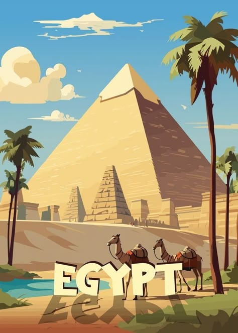 Egypt Travel Poster, Egypt Digital Art, Pyramids Egypt Aesthetic, Pyramids Painting, Egypt Poster Design, Egypt Pictures, Egypt Painting, Egypt Illustration, Pyramid Egypt