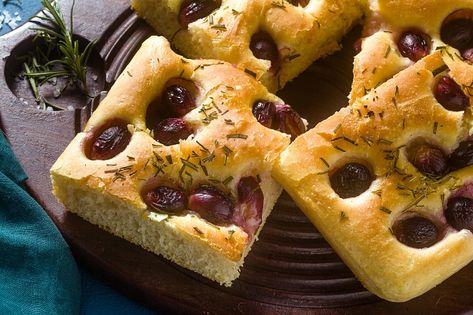 Tuscan Grape Focaccia | 12 Tomatoes Grape Focaccia, Rosemary Foccacia, Grape Bread, Foccacia Bread, Grape Recipes, Focaccia Recipe, Grape Harvesting, Flaky Salt, Baking Stone