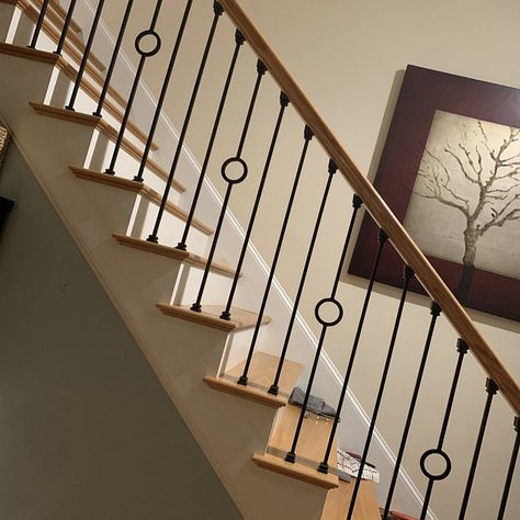 Stairs With Black Spindles, Stair Baluster Ideas, Baluster Ideas, Spindles For Stairs, Staircase Update, Metal Stair Spindles, Railing Makeover, Iron Staircase Railing, Iron Stair Balusters