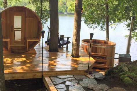 Hot Tub And Sauna, Wooden Hot Tub, Wood Fired Hot Tub, Cedar Hot Tub, Hot Tub Gazebo, Sauna House, Gazebo Plans, Japanese Soaking Tubs, Hot Tubs Saunas