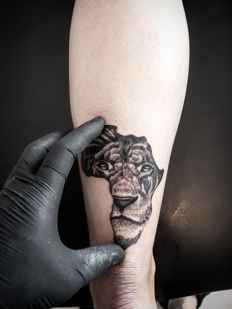 Africa Tattoos Men Forearm, Africa Lion Tattoo, Sierra Leone Tattoo Ideas, Kenya Tattoo Ideas, Safari Tattoo Ideas, Africa Continent Tattoo, South African Tattoo Ideas, Africa Tattoos Men, African Animal Tattoo