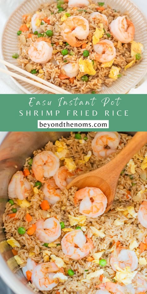 Instant Pot shrimp fried rice is so easy to make and comes together in just 23 minutes! Everything is cooked in one pot and the rice requires no chilling! This recipe can be easily adapted with your choice of protein and vegetables. Hibachi Rice Instant Pot, Instapot Shrimp Fried Rice Recipes, Asian Food Instant Pot, Shrimp Fried Rice Instant Pot, Shrimp Rice Instant Pot Recipes, Pescatarian Instant Pot Recipes, Shrimp Recipes Instant Pot, Frozen Shrimp Instant Pot, Instant Pot Frozen Shrimp Recipes