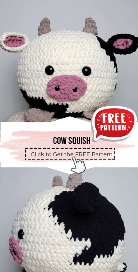 Cow Squish Crochet, Crochet Squishy Cow Pattern Free, Cow Pillow Pattern, Free Chunky Amigurumi Patterns, Squishmellow Crochet Pattern Free, Chunky Crochet Cow Pattern Free, Crochet Stuffed Cow Free Pattern, Crochet Cow Pillow Free Pattern, Crochet Free Animal Patterns