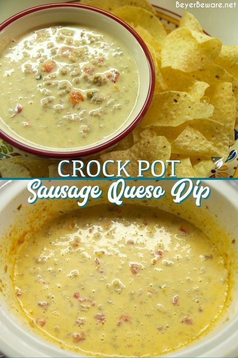 Crock Pot Sausage Queso dip easy 3-ingredient cheesy sausage Rotel Velveeta dip that you can have ready in two hours in the crockpot. Rotel Velveeta Dip, Sausage Rotel Dip, Cheese Dip Recipes Crockpot, Queso Dip Easy, Velveeta Dip, Sausage Queso Dip, Queso Dip Velveeta, Crockpot Queso, Queso Dip Crockpot