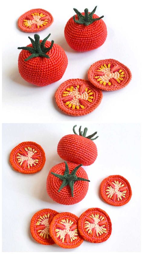 Free Crochet Fruit And Veg Patterns, Amigurumi Fruit Free Pattern, Crochet Fruit And Vegetables, Amigurumi Free Pattern Food, Crochet Tomato Pattern Free, Crochet Food Pattern Free, Potato Crochet Free Pattern, Food Crochet Patterns Free, Crochet Vegetables Free Pattern