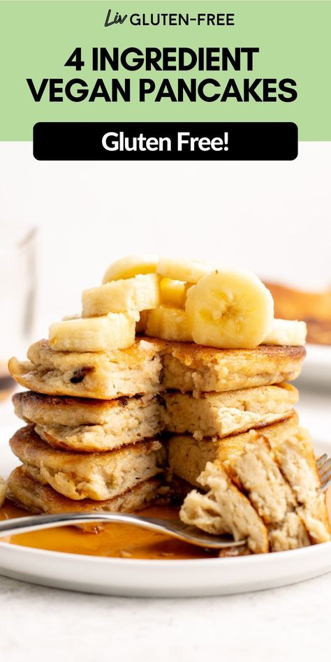 These vegan pancakes are healthy, delicious, and easy to make using just 4 ingredients. Ready from start to finish in under 30 minutes with no fancy mixer required, these gluten-free and vegan pancakes are the ultimate breakfast treat! Gluten Free Pancakes Easy, Vegan Gluten Free Pancakes, Vegan Pancakes Easy, Gluten Free Pancake, Healthy Gluten Free Breakfast, Vegan Pancake Recipes, Kids Breakfast, Vegan Whipped Cream, Vegan Baking Recipes