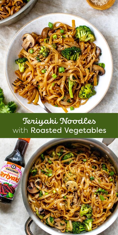 Teriyaki Noodles with Roasted Vegetables | This "takeout fakeout" recipe is sure to make it into your fall meal rotation! This takeout recipe is vegetarian, healthy, and fast, not to mention tasty! This easy dinner idea is quick and ideal for meal prep or leftovers, since the broccoli, mushrooms, and noodles soak up even more teriyaki flavor overnight. Customize with any other veggies you love, from sliced bell pepper to spiralized zucchini mixed in with the noodles. #Kikkoman Dinner Ideas With Roasted Vegetables, Easy Dinner Recipes That Make Good Leftovers, Healthy College Meals Dinner, Teriyaki Noodles With Roasted Vegetables, Non Dairy Noodle Recipes, Veggie Based Dinner Ideas, Fall Meal Prep Vegetarian, Teriyaki Roasted Vegetables, Fast Gf Dinner