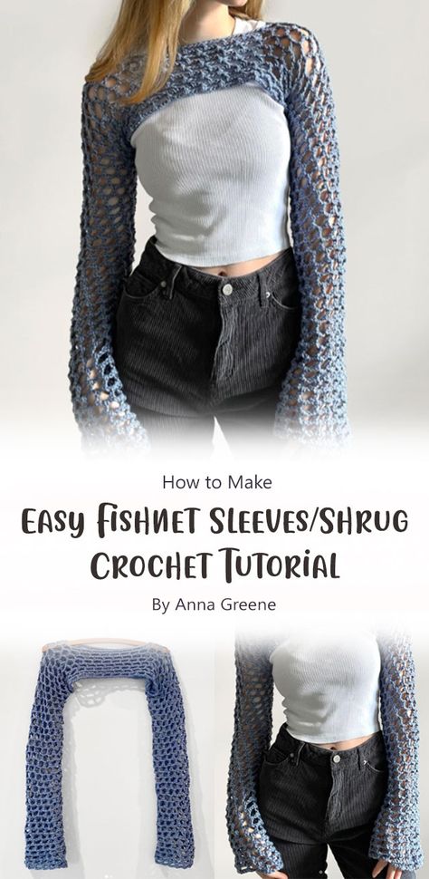 Easy fishnet sleeves/shrug by Anna Greene. This is an easy pattern to follow. If you are looking for a project that will make you feel like a fashionista, then this is the one for you! Bolero Haken, Easy Crochet Shrug, Crochet Bolero Pattern, Crochet Project Free, Tops A Crochet, Crochet Shrug Pattern, Shrug Pattern, Confection Au Crochet, Mode Crochet