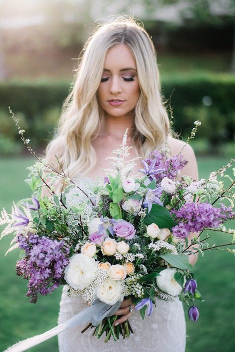 bouquet with lilacs and orange garden roses Orchid Bouquet Wedding, Hydrangea Bouquet Wedding, Ceremony Florals, Wedding Flower Guide, Bouquet Purple, Purple Bouquets, Cascading Wedding Bouquets, Peony Bouquet Wedding, Deco Champetre