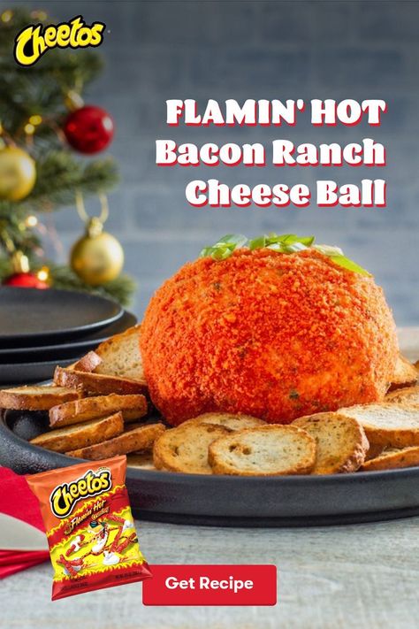 Loaded with Cheddar and Pepper Jack cheese, this bacon-ranch cheese ball gets a CHEETOS® FLAMIN' HOT® crust for an extra-spicy explosion of flavor. Hot Cheeto Cheese Ball, Bacon Ranch Cheese Ball, Ranch Cheese Ball, Holiday Apps, Hors Devours, Hot Cheese, Random Recipes, Cheese Ball Recipes, Snacks To Make