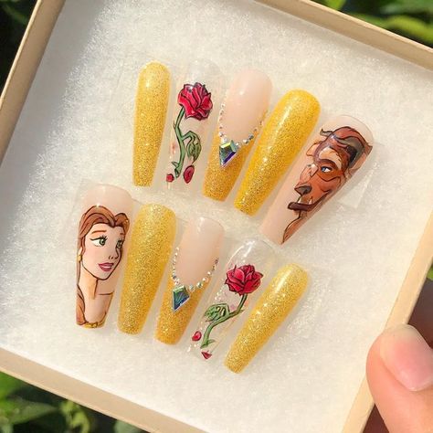 Beauty And The Beast Nails Acrylic Long, Character Design Nail Art, Beauty And Beast Nails Art Ideas, Beauty Beast Nails, Beauty And The Beast Themed Nails, Beauty And The Best Nails, Disney Nails Beauty And The Beast, Sleeping Beauty Nail Art, Beauty And Beast Nails