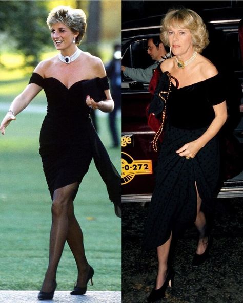 Duchess Camila’s Attempt (1995) In Recreating Lady Diana’s Famous Revenge Dress Which She Wore When Prince Charles Confessed Cheating On Her With Camila (1994) Princess Diana Revenge Dress, Revenge Dress, Princess Diana Dresses, Camilla Mendes, Princesa Diana, French Women, Fashion Design Sketches, Lady Diana, Princess Diana