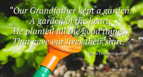 This beautiful funeral quote for Grandpa from the poem "Grandfather Kept a Garden" uses the metaphor of a beautiful garden to describe a Grandfather’s life. Planting the seeds that gave us our start, always guiding and nurturing us, and providing protection from life’s storms. Grandfather Poem, Poem For Grandpa, Quotes About Grandfathers Passing, Poems About Grandfathers, Father’s Day Quote Grandpa, Garden Poems, Grandpa Quotes, Happy Grandparents Day, Grandparents Day Gifts