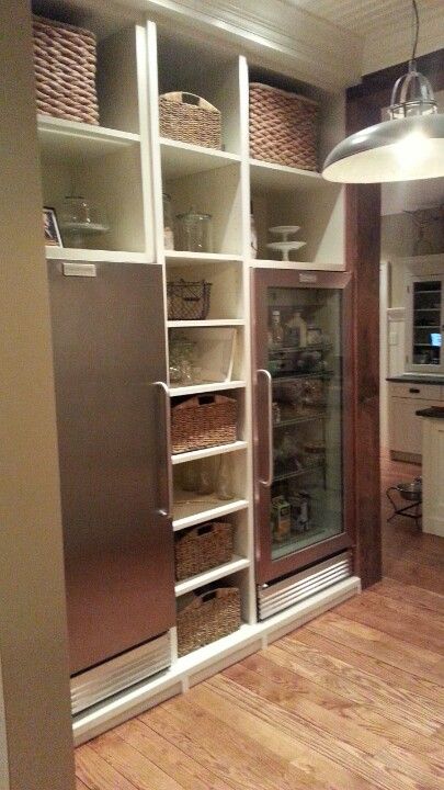 Full size freezer with a matching glass front refrigerator from Frigidares Commercial line Freezer In Mudroom, Extra Fridge In Pantry, Pantry With Upright Freezer, Kitchen With Commercial Refrigerator, Butlers Pantry With Refrigerator, Pantry With Freezer Inside, Freezer Room Ideas, Pantry With Fridge And Freezer, Pantry With Deep Freezer