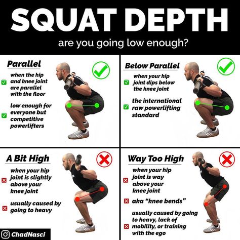 Chad Nasci | S&C Coach on Instagram: “Squatting “to depth” may be different for different people and be quite confusing. Use this chart to see if you’re squatting low enough for…” Different Squats And What They Do, Different Squats, Home Core Workout, How To Do Squats, At Home Core Workout, Squat Form, Gym Girlie, Physically Fit, Leg Exercises