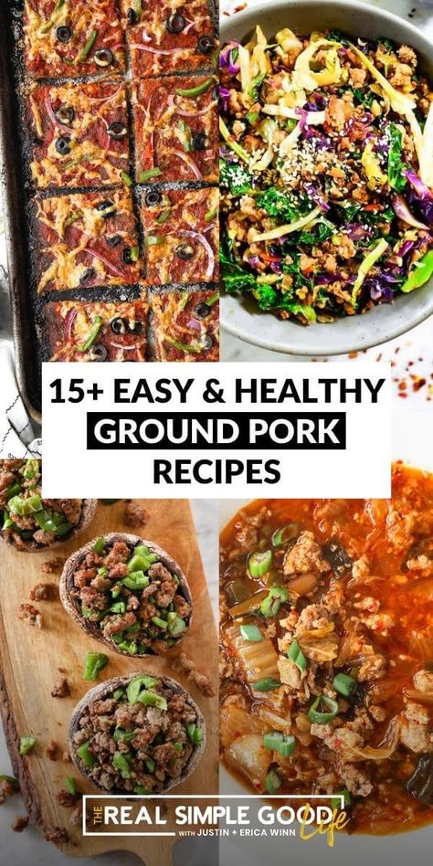 From tacos, soups and stir-fry's to meatballs and meatloaf, here are 15 easy and healthy ground pork recipes to try! We include a ground pork sausage recipe that can be used in any of the other recipes. All of these recipes are healthy and easy for weeknight dinners. As a bonus, they are very family friendly so you and your kids can enjoy a healthy meal together. Keto, Whole30 and gluten free options. @realsimplegood | The Real Simple Good Life via @realsimplegood Keto Minced Pork Recipes, Low Calorie Ground Pork Recipes, Aip Ground Pork Recipes, Healthy Pork Sausage Recipes, Ground Pork Recipes Easy Healthy, Heart Healthy Pork Recipes, Canned Ground Pork Recipes, Ground Pork Recipes For Dinner Healthy, Pork Sausage Recipes Ground