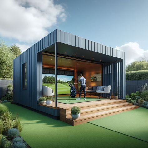 Golf Simulator Garden Rooms: Bespoke Golf Studios Outdoor Golf Simulator Room, Pool House With Golf Simulator, Golf Backyard Ideas, Golf Shed Ideas, Backyard Golf Simulator, Backyard Golf Simulator Shed, Outdoor Golf Simulator, Golf Simulator Shed, Golf Simulator Room Design