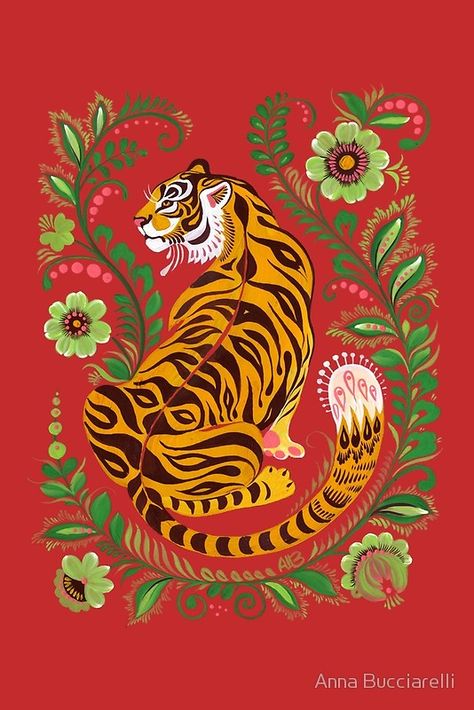 Tiger Folk Art by Anna Bucciarelli Folk Art Motifs, European Folk Art, Art Tigre, Art Motifs, Tattoo Concepts, Tiger Illustration, Swipe File, Art Magic, Tiger King