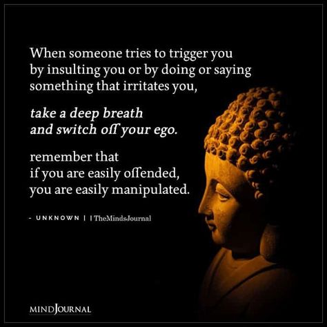 When someone tries to trigger you by insulting you or by doing or saying something that irritates you, take a deep breath and switch off your ego. remember that if you are easily offended, you are easily manipulated. When People Insult You Quotes, Insult My Intelligence Quotes, Offended Quotes, Don't Insult My Intelligence Quotes, When Someone Tries To Insult You, Don’t Insult My Intelligence, Mindfulness Meditation Exercises, Thought Cloud, Mind Thoughts