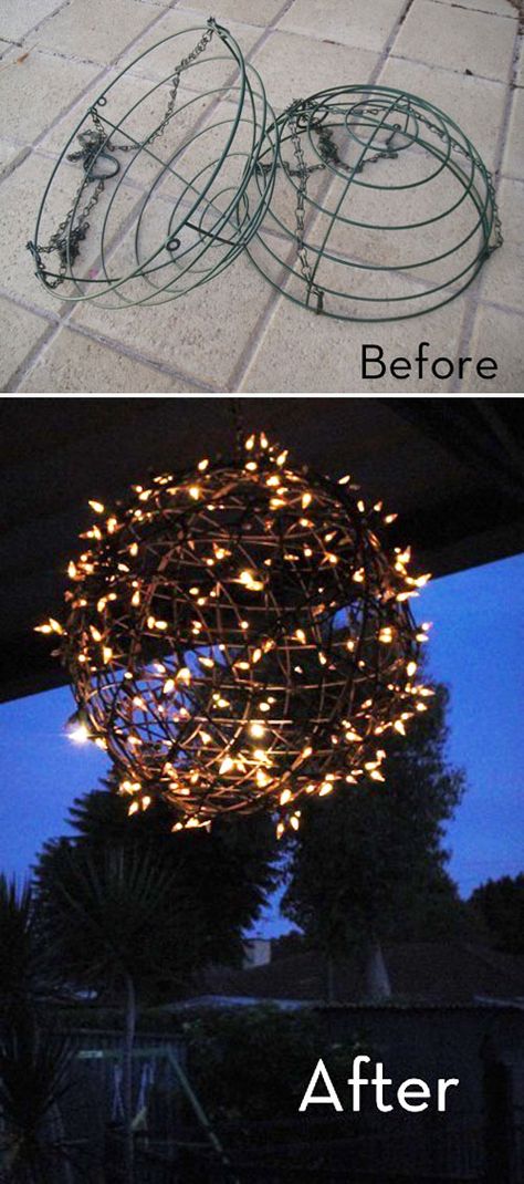 DIY Fairy Light Ball: Made from a couple of plant baskets & Christmas lights! She used zip ties & silver spray paint. Baskets Christmas, Silver Spray Paint, Silver Spray, Boho Patio, Homemade Christmas Decorations, Plant Basket, Christmas Baskets, Navidad Diy, Diy Fairy