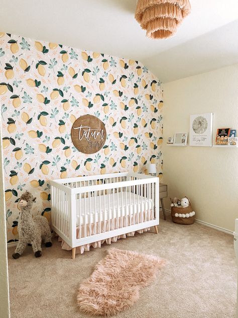 Diy girls nursery with lemon wallpaper and soft pink accents; pink lemonade room 🤍 Pink Lemonade Nursery Theme, Pink Lemonade Nursery, Pink And Yellow Nursery Ideas, Summer Nursery Theme, Lemon Nursery Theme Girl, Citrus Nursery Theme, Fruit Nursery Theme, Lemon Nursery Theme, Fruit Themed Nursery