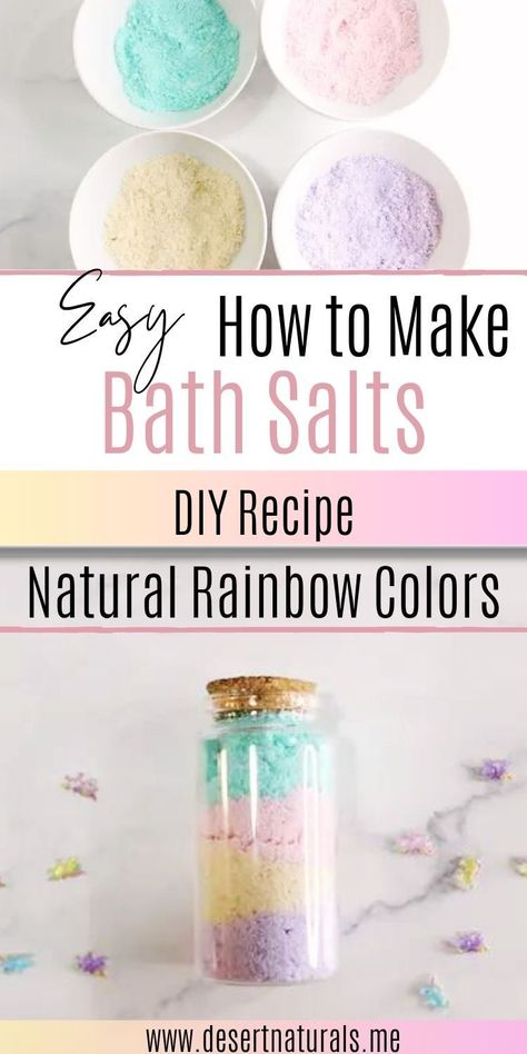 Learn how to make bath salts with rainbow colors and elevate your self-care routine! Whether you're looking to create a home spa night or a calming Epsom Bath Salt Recipe with aromatherapy, this easy DIY guide will show you how. Perfect for Retreat Crafts, birthday party activities or favors, or girls spa night, these Scented Bath Salts DIY ideas make easy DIY homemade gifts.  You'll find how to make your own bath salts, including DIY Lavender Bath Salts & essential oils blends. Bath Confetti Diy, Homemade Bath Salts With Essential Oils, Diy Bath Salts Recipe Easy, Diy Self Care Ideas, Diy Bath Scrub Recipes, Holiday Bath Salts, Diy Bath Gifts, Make Your Own Bath Salts, Diy Spa Night