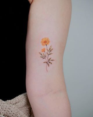 Marigold Flower Tattoo, Marigold Tattoo, Daffodil Tattoo, Saffron Flower, Flower Tattoo Meanings, Small Flower Tattoos, Birth Flower Tattoos, Marigold Flower, Dainty Tattoos