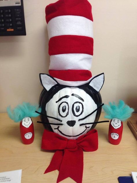 Cat in the Hat Pumpkin Pumpkin Painting Ideas Cat In The Hat, Dr Seuss Pumpkin Painting, Cat In The Hat Painted Pumpkin, Cat And The Hat Pumpkin, Dr Suess Pumpkin Ideas, Pumpkin Painting Character Ideas, Cat In The Hat Pumpkin Ideas, Dr Seuss Pumpkin Decorating Ideas, Junie B Jones Pumpkin