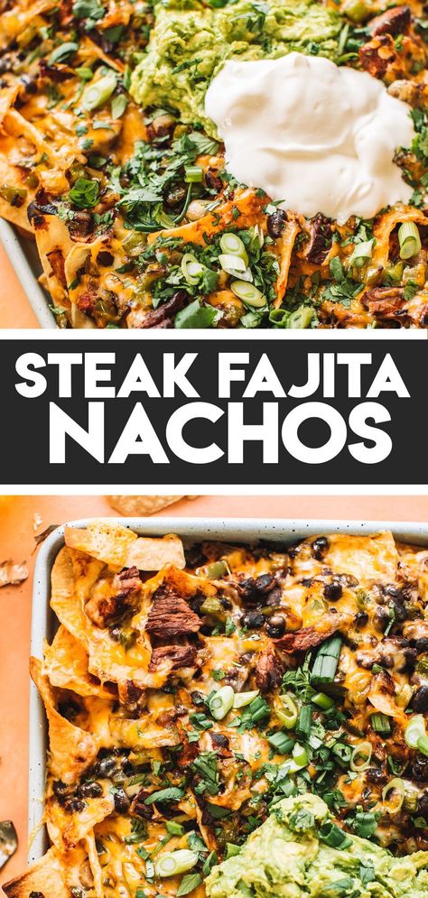 Leftover Carne Asada, Steak Fajita Nachos, Fajita Nachos Recipe, Charred Peppers, Fajita Nachos, Loaded Nachos Recipe, Sheet Pan Steak, Steak Nachos, Nachos Recipe Beef