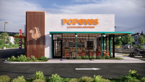 Popeyes Food, Food Restaurant Design, Fast Food Restaurant Design, Warehouse Facade, Popeyes Louisiana Kitchen, Keto Fried Chicken, Louisiana Kitchen, Popeyes Chicken, Restaurant Exterior