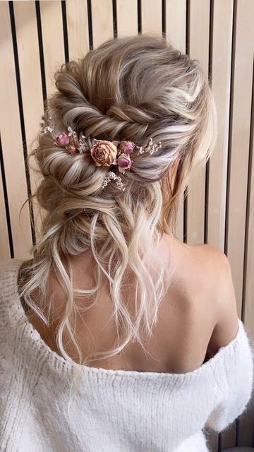 Hair For Boho Wedding, Boho Wedding Hair With Hair Piece, Whimsical Bridal Hairstyles, Romantic Boho Updo, Boho Bridal Hair Styles, Wedding Hairstyles Bohemian, Boho Hair Up, Braided Boho Wedding Hair, Bridal Hair Boho Updo