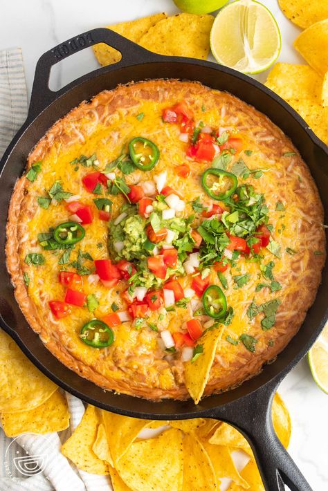 The Best Cheesy Bean Dip Recipe Loaded Bean Dip, Hot Bean Dip With Cream Cheese, Cowboy Bean Dip, Queso Bean Dip, Baked Bean Dip, Cheese Bean Dip, Bean Dip Appetizer, Homemade Bean Dip, Cheesy Bean Dip