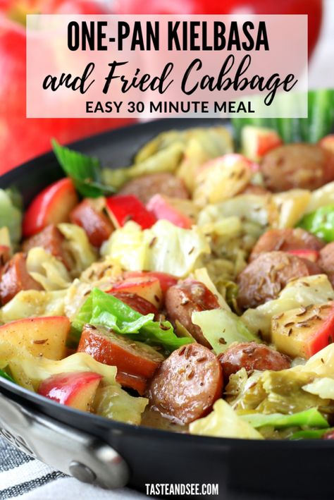 This One Pan Kielbasa And Fried Cabbage is an easy 30 minute meal!  Sautéed onions, garlic and fried cabbage, in a brown ale mustard sauce, with delicious smoked kielbasa, topped with sweet crisp apples.  #KielbasaRecipe #OnePanDinner #30MinuteMeal #CabbageRecipes   #TasteAndSee Kielbasa Cabbage And Apples, Sausage Cabbage Apple Skillet, Cabbage Apples And Sausage, One Pan Kielbasa, Keilbasa And Cabbage, Ww Casseroles, Cabbage And Smoked Sausage, Smoked Kielbasa, Fried Cabbage With Sausage