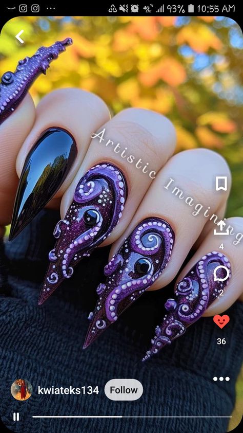 Ursula Nail Designs, Pirate Acrylic Nails, Ursula Inspired Nails, Octopus Nails Design, Pirate Themed Nails, Kraken Nails, Ursula Nail Art, Tentacle Nails, Witchy Nails Stiletto