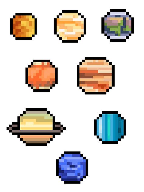 Mini Pixel Planets - Set of 8 by pixelatedcowboy Perler Bead Planet Patterns, Solar System Pixel Art, Pixel Art 8x8, Planet Perler Beads, Space Pixel Art Easy, Pixel Planet, Constellation Pixel Art, Planets Pixel Art, Planet Pixel Art