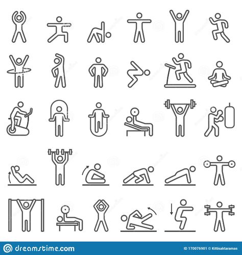 Fitness Exercise Workout Line Icons Set. Vector Illustrations Stock Vector - Illustration of dumbbell, person: 170076901 Gym Icon, Cool Small Tattoos, Sport Icon, Street Workout, Bodyweight Workout Beginner, Sketches Easy, Icon Set Vector, Bullet Journal Ideas Pages, Vector Illustrations